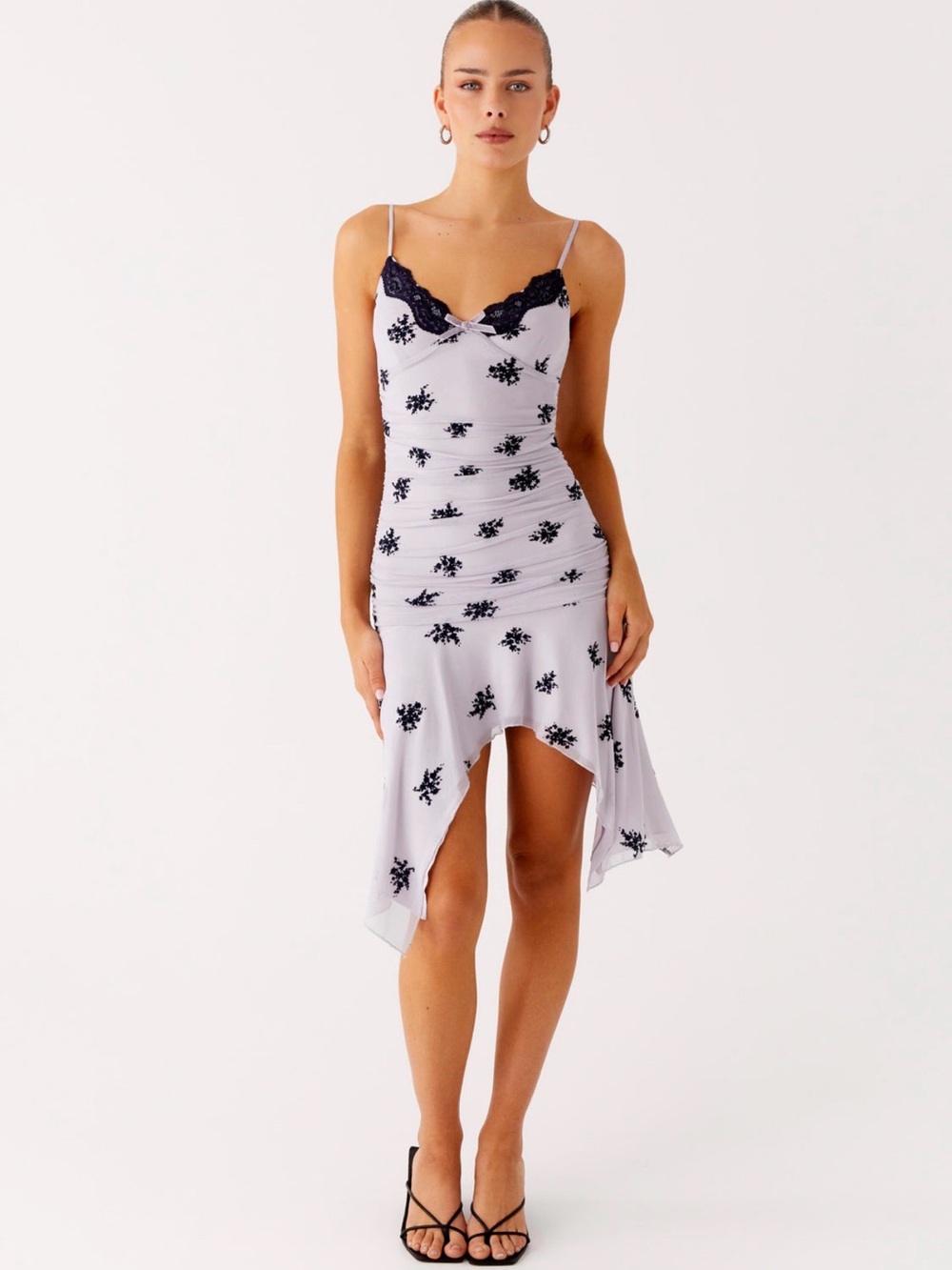 Peppermayo Asymmetrical Slip Dress with Black Floral Lace Trim